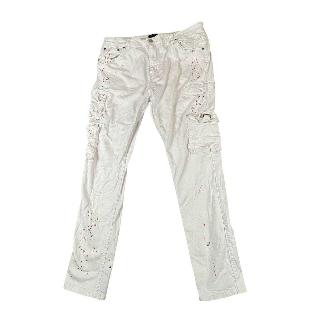 Serenede Pants Mens 39x31 White Paint Splatter Cargo Denim Jeans Streetwear